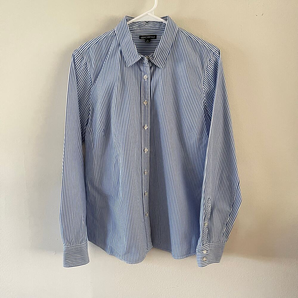 J. Crew Mercantile Blue White Striped Button Up Shirt 52914 Preppy Womens Large